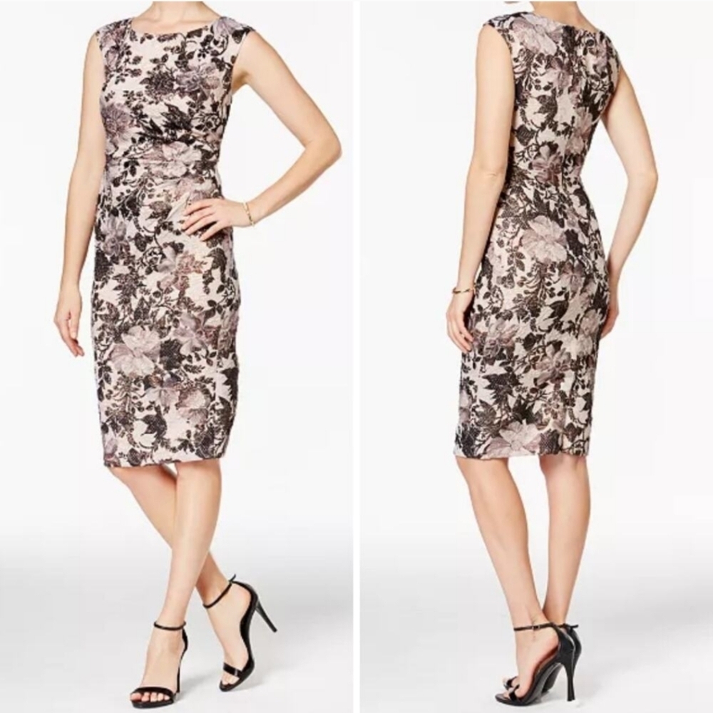 Adriana Papell Floral Ruched Sheath Dress Cap Sleeve Metallic Beaded Detail Sz 6